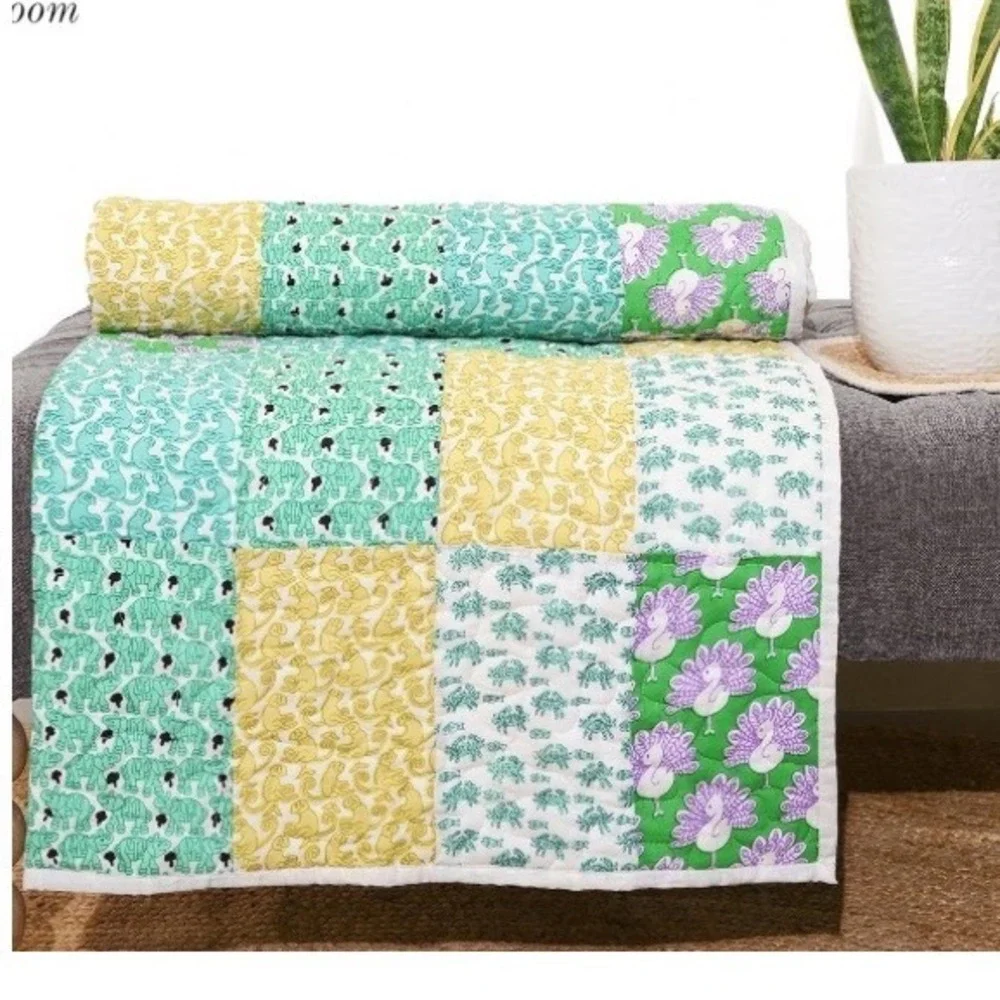 Quilted Patchwork Throw Blanket‎ Multi Green 100% Cotton Block Print Animal